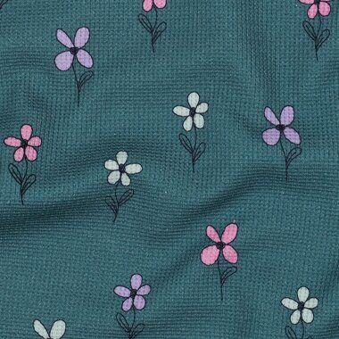 -Tricot stof - fijne wafel - bloemetjes - petrol - 5074-002 - Tricot stof - fijne wafel - bloemetjes - petrol - 5074-002
