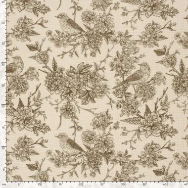 -Hydrofiel stof - bloemen en vogels - taupe - 23266-054 - Hydrofiel stof - bloemen en vogels - taupe - 23266-054
