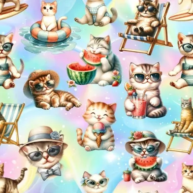 -Tricot stof - digitaal summer cats - multie - 50142-001 - Tricot stof - digitaal summer cats - multie - 50142-001