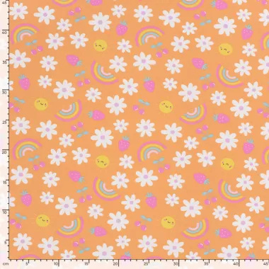 -Tricot stof - bloemen, fruit en zon - oranje - 21809-036 - Tricot stof - bloemen, fruit en zon - oranje - 21809-036