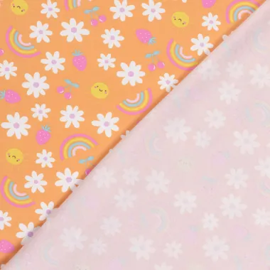 -Tricot stof - bloemen, fruit en zon - oranje - 21809-036 - Tricot stof - bloemen, fruit en zon - oranje - 21809-036