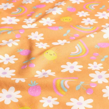 -Tricot stof - bloemen, fruit en zon - oranje - 21809-036 - Tricot stof - bloemen, fruit en zon - oranje - 21809-036