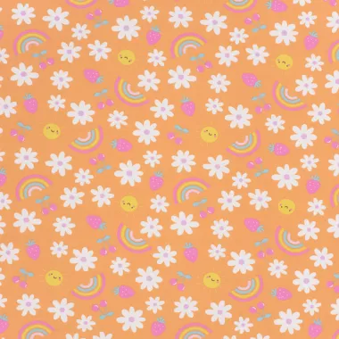 -Tricot stof - bloemen, fruit en zon - oranje - 21809-036 - Tricot stof - bloemen, fruit en zon - oranje - 21809-036