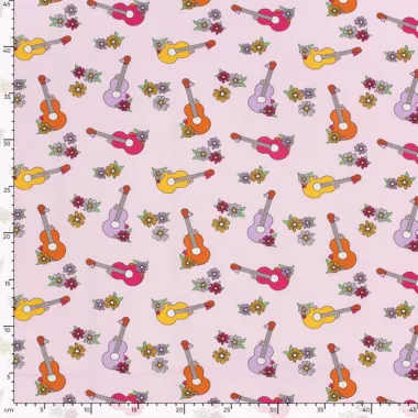-Tricot stof - gitaren & bloemen - lichtroze - 21814-011 - Tricot stof - gitaren & bloemen - lichtroze - 21814-011