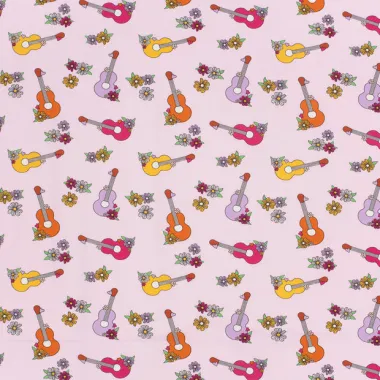 -Tricot stof - gitaren & bloemen - lichtroze - 21814-011 - Tricot stof - gitaren & bloemen - lichtroze - 21814-011