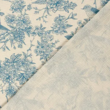 -Hydrofiel stof - bloemen en vogels - blauw - 23266-005 - Hydrofiel stof - bloemen en vogels - blauw - 23266-005