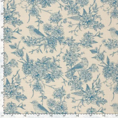 -Hydrofiel stof - bloemen en vogels - blauw - 23266-005 - Hydrofiel stof - bloemen en vogels - blauw - 23266-005