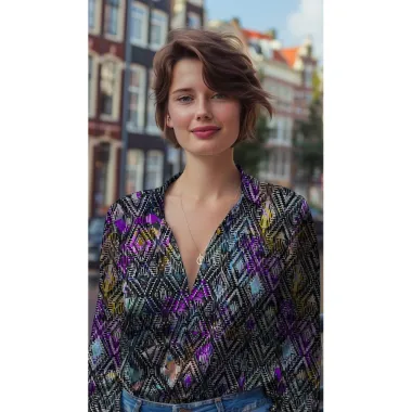 -Katoen stof - satijn - digitaal geometric - paars multi - 5471-001 - Katoen stof - satijn - digitaal geometric - paars multi - 5471-001