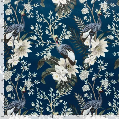 -Fluweel stof - digitaal bloemen en vogels - blauw - 1913-008 - Fluweel stof - digitaal bloemen en vogels - blauw - 1913-008