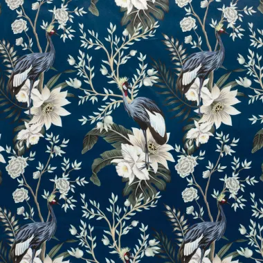 -Fluweel stof - digitaal bloemen en vogels - blauw - 1913-008 - Fluweel stof - digitaal bloemen en vogels - blauw - 1913-008