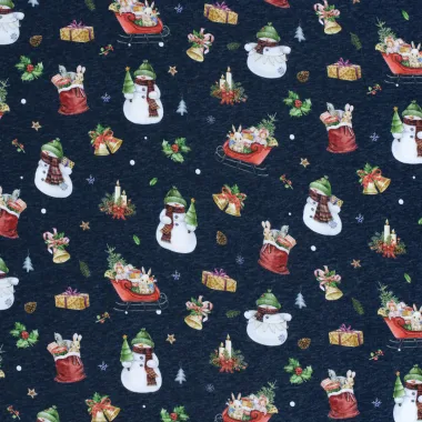 -Kerststof - sweattricot - sneeuwpop & diverse kerstmotieven - donkerblauw - 22715-008 - Kerststof - sweattricot - sneeuwpop & diverse kerstmotieven - donkerblauw - 22715-008