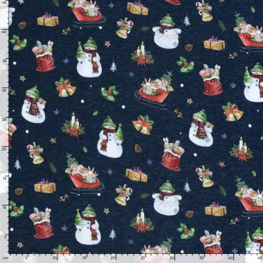 -Kerststof - sweattricot - sneeuwpop & diverse kerstmotieven - donkerblauw - 22715-008 - Kerststof - sweattricot - sneeuwpop & diverse kerstmotieven - donkerblauw - 22715-008