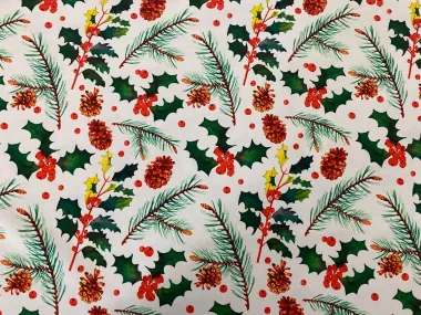 -Weihnachtsstoff – Textur – Stechpalme & Tannenzapfen – weiß – 6796-1 - Weihnachtsstoff – Textur – Stechpalme & Tannenzapfen – weiß – 6796-1