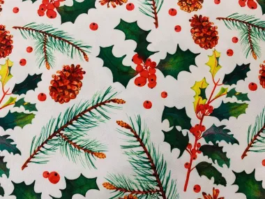 -Weihnachtsstoff – Textur – Stechpalme & Tannenzapfen – weiß – 6796-1 - Weihnachtsstoff – Textur – Stechpalme & Tannenzapfen – weiß – 6796-1