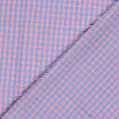 -Geruite stof - poplin seersucker - indigo/roze - 25003-006 - Geruite stof - poplin seersucker - indigo/roze - 25003-006