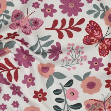 -Tricot stof - French Terry - bloemetjes & vlinders - gebroken wit - 5720-002 - Tricot stof - French Terry - bloemetjes & vlinders - gebroken wit - 5720-002