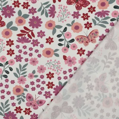 -Tricot stof - French Terry - bloemetjes & vlinders - gebroken wit - 5720-002 - Tricot stof - French Terry - bloemetjes & vlinders - gebroken wit - 5720-002