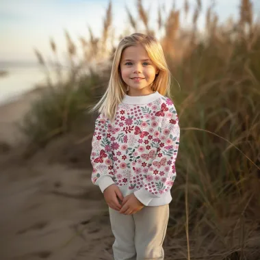 -Tricot stof - French Terry - bloemetjes & vlinders - gebroken wit - 5720-002 - Tricot stof - French Terry - bloemetjes & vlinders - gebroken wit - 5720-002