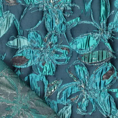 -Polyester stof - jacquard metaal - bloemen - petrol - 23189-670 - Polyester stof - jacquard metaal - bloemen - petrol - 23189-670