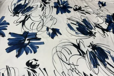 -Tricot stof - fantasie bloemen - ecru/blauw - JT139 - Tricot stof - fantasie bloemen - ecru/blauw - JT139