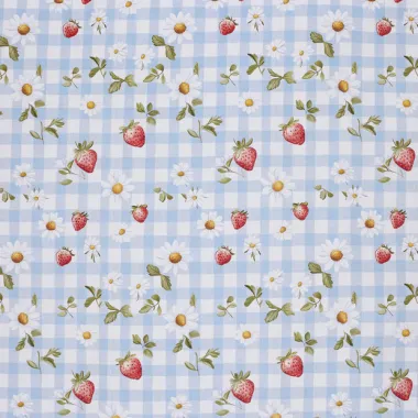 -Katoenen stof - poplin - aardbeien, bloemetjes & checks - lichtblauw - 60499-003 - Katoenen stof - poplin - aardbeien, bloemetjes & checks - lichtblauw - 60499-003