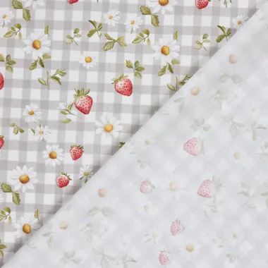 -Baumwolle – Popeline – Erdbeeren, Blümchen & Karos – grau – 60499-068 - Baumwolle – Popeline – Erdbeeren, Blümchen & Karos – grau – 60499-068
