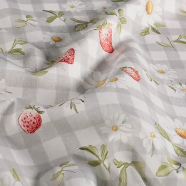 -Katoenen stof - poplin - aardbeien, bloemetjes & checks - grijs - 60499-068 - Katoenen stof - poplin - aardbeien, bloemetjes & checks - grijs - 60499-068