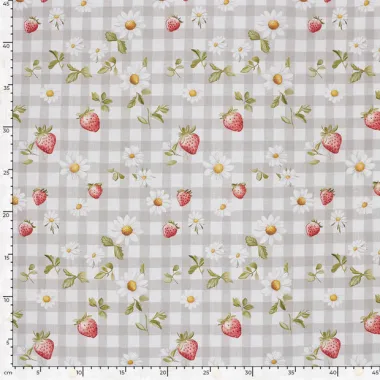 -Baumwolle – Popeline – Erdbeeren, Blümchen & Karos – grau – 60499-068 - Baumwolle – Popeline – Erdbeeren, Blümchen & Karos – grau – 60499-068