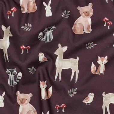 -Katoenen stof - poplin - digitaal bosdieren - bordeaux - 2071-010 - Katoenen stof - poplin - digitaal bosdieren - bordeaux - 2071-010