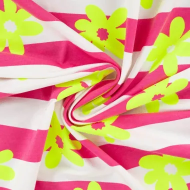 -Tricot stof - French Terry - strepen & bloemetjes - neon geel - K20143-170 - Tricot stof - French Terry - strepen & bloemetjes - neon geel - K20143-170