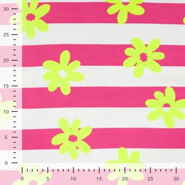 -Tricot stof - French Terry - strepen & bloemetjes - neon geel - K20143-170 - Tricot stof - French Terry - strepen & bloemetjes - neon geel - K20143-170