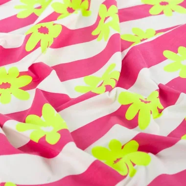 -Tricot stof - French Terry - strepen & bloemetjes - neon geel - K20143-170 - Tricot stof - French Terry - strepen & bloemetjes - neon geel - K20143-170
