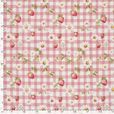-Katoenen stof - poplin - aardbeien, bloemetjes & checks - roze - 60499-012 - Katoenen stof - poplin - aardbeien, bloemetjes & checks - roze - 60499-012