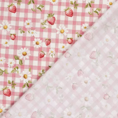 -Katoenen stof - poplin - aardbeien, bloemetjes & checks - roze - 60499-012 - Katoenen stof - poplin - aardbeien, bloemetjes & checks - roze - 60499-012
