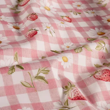 -Katoenen stof - poplin - aardbeien, bloemetjes & checks - roze - 60499-012 - Katoenen stof - poplin - aardbeien, bloemetjes & checks - roze - 60499-012