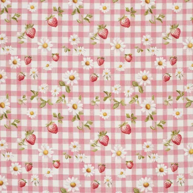 -Katoenen stof - poplin - aardbeien, bloemetjes & checks - roze - 60499-012 - Katoenen stof - poplin - aardbeien, bloemetjes & checks - roze - 60499-012
