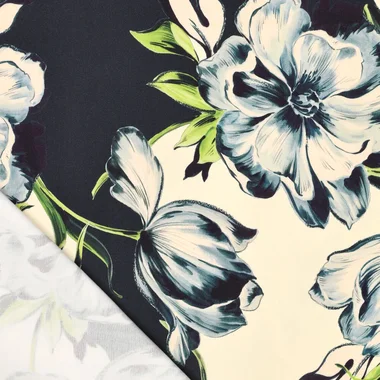 -Viscose stof - stretch - satijn - bloemen - blauw - 23017-600 - Viscose stof - stretch - satijn - bloemen - blauw - 23017-600