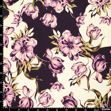 -Viscose stof - stretch - satijn - bloemen - paars - 23017-810 - Viscose stof - stretch - satijn - bloemen - paars - 23017-810