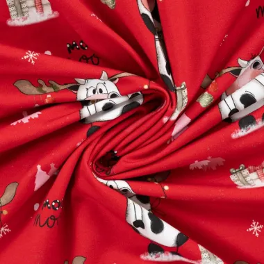 -Kerststof - French Terry - koeien & Kerstthema - rood - CR7021-150 - Kerststof - French Terry - koeien & Kerstthema - rood - CR7021-150