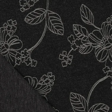 -Polyester stof - wool touch - puff bladeren & bloemen - zwart - 23079-998 - Polyester stof - wool touch - puff bladeren & bloemen - zwart - 23079-998