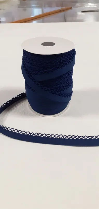 Bedrukt band - Biasband met kantje marineblauw