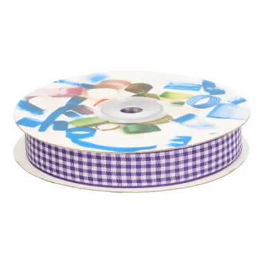 Polyester band - Sierband geruit (15 mm) paars/wit*