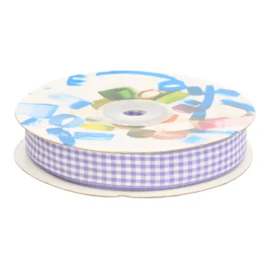 15 mm band - Sierband geruit (15 mm) lila/wit*