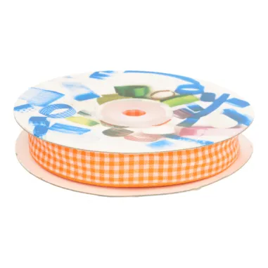 15 mm band - Sierband geruit (15 mm) oranje/wit*