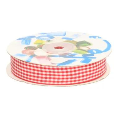 15 mm band - Sierband geruit (15 mm) rood/wit*