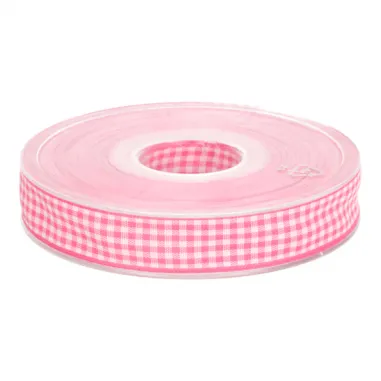 15 mm band - Sierband geruit (15 mm) fuchsia/wit*