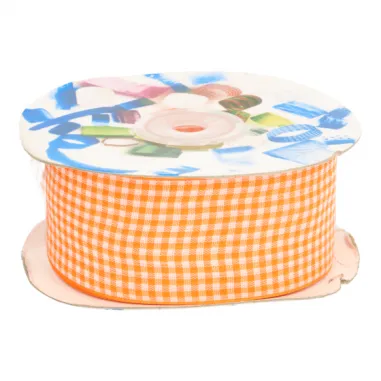 Polyester - Zierband kariert (38 mm) orange/weiss