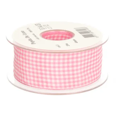 Polyester band - Sierband geruit (38 mm) lichtroze/wit*