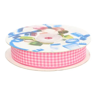 Polyester band - Sierband geruit (25 mm) fuchsia/wit*