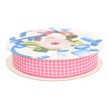 Polyester band - Sierband geruit (20 mm) fuchsia/wit*
